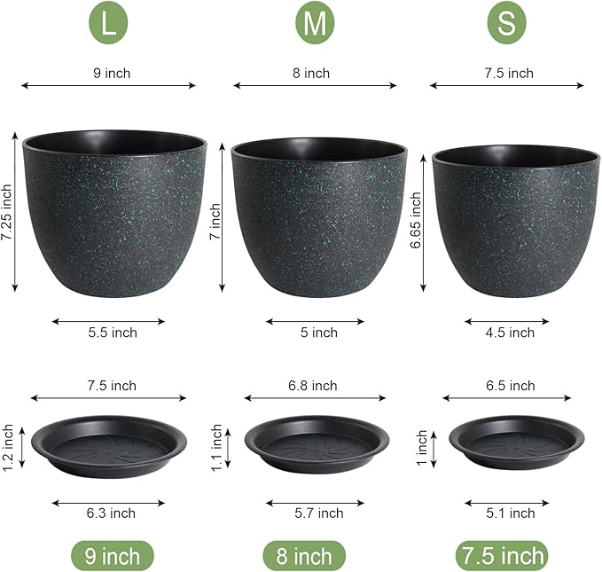 Modern Plant Pots Set, 9/8/7.5 inch Plastic Planters for Indoor Plants, Stylish Flower Pots with Drainage Holes and Saucers for House Plants and Flowers, Black with Green Speckles