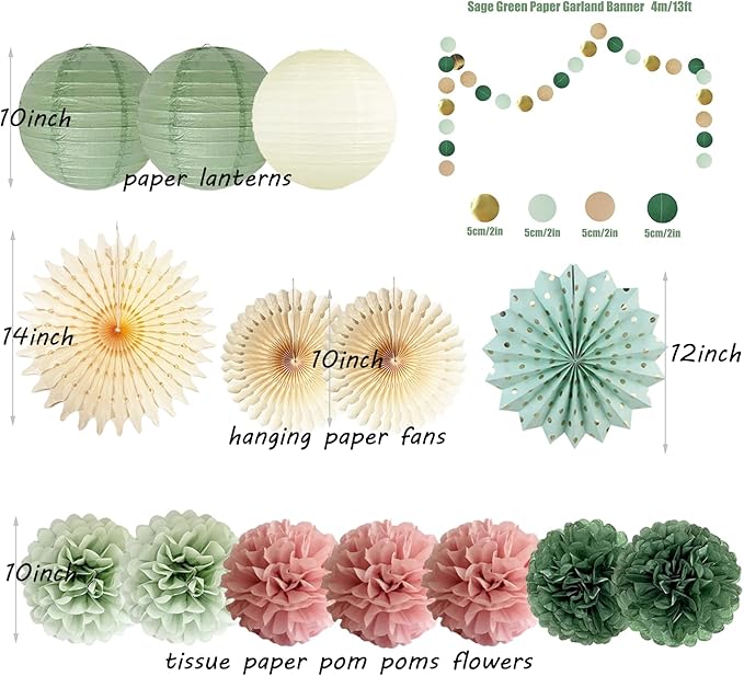 Sage Green and Dusty Pink Party Decorations Green & Pink Party Decor Sage Tissue Pom Poms Paper Lanterns Beige Paper Fans for Women Girls Birthday Wedding Bridal Shower Baby Shower Party Decor
