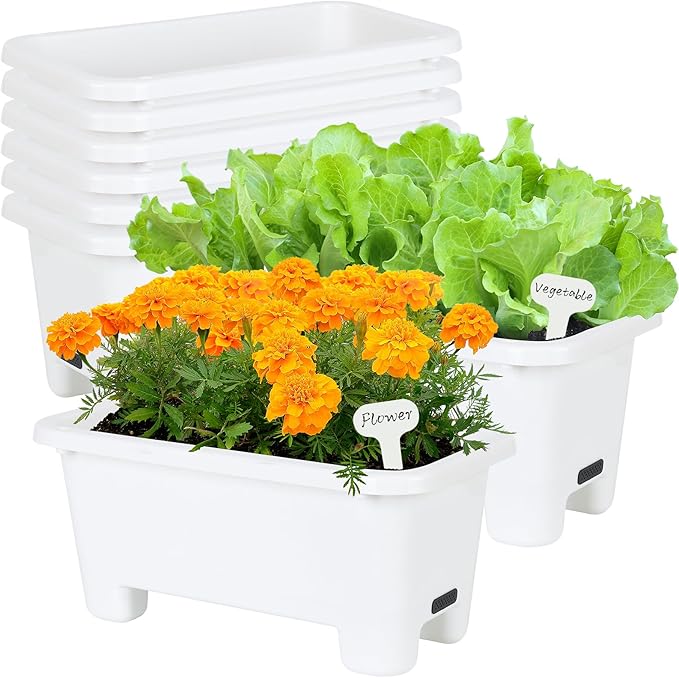 Self-Watering Rectangle Planter Boxes 8-Pack, 15.7-Inch Window Box Planter with Drainage Holes & Trays, Pots for Vegetables, Herbs, Flowers, Garden Windowsill Balcony (White, 15.7*8.3*7.1 inch)