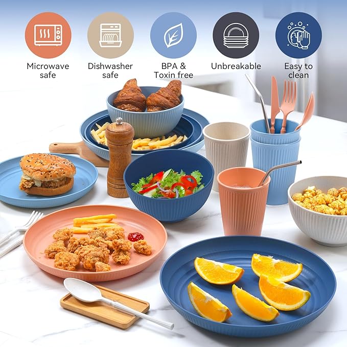 Wheat Straw Dinnerware Sets,64-Piece Plates and Bowls Sets for 8-Unbreakable,Reusable Plastic Dish Set-Dinner Plate/Dessert Plate/Cereal Bowl/Cup/Utensils-Dishwasher Safe 64P-Oecan Coral