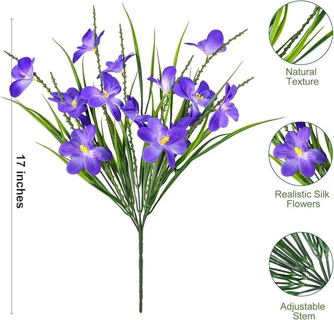Ouddy Decor 12 Bundles Artificial Flowers for Outdoors Decoration, Fake Freesia Silk Flowers UV Resistant Artificial Plants for Summer Indoor Outside Garden Wedding Farmhouse Porch Home Decor, Purple