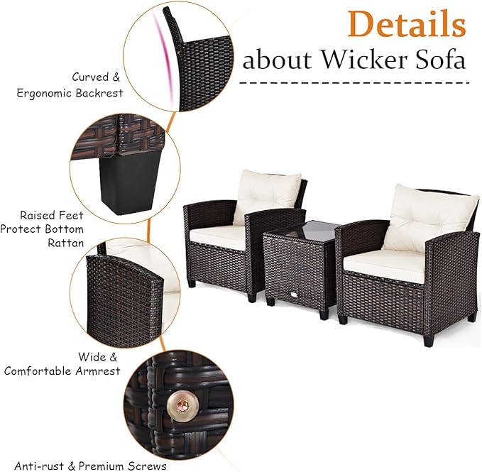 HAPPYGRILL 3 Pieces Patio Conversation Set, Outdoor Furniture Set PE Rattan Sofa Set with Removable Cushions, PE Wicker Chairs with Tempered Glass Side Table for Porch Lawn Garden Balcony Backyard