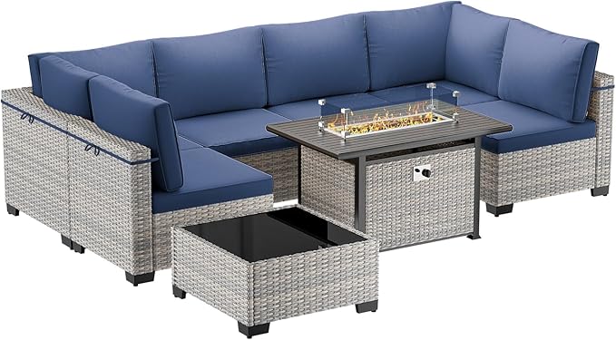 8-Piece Modern Patio Furniture Set with 55,000 BTU Fire Pit Table, Thick Cushions, Dual-Strand Wicker Rattan, Rust-Resistant Frame, Navy Blue