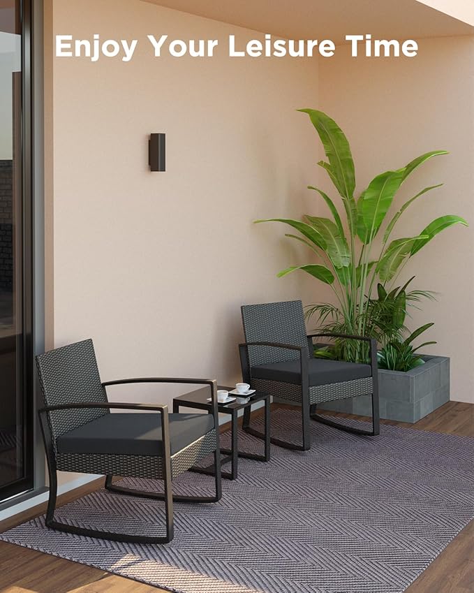 3 Pieces Patio Furniture Set Rocking Bistro Set, Outdoor Patio Furniture Set with Coffee Table for Garden Balcony Backyard Poolside (Black Cushion)