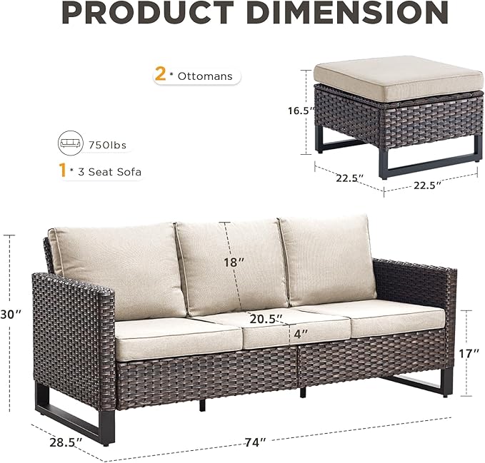 3 Pieces Patio Furniture Sets-All Weather Outdoor Sectional Patio Sofa with Multifunctional Ottomans Thicken Cushion Patio Conversation Set for Deck Porch Balcony(Brown/Beige)