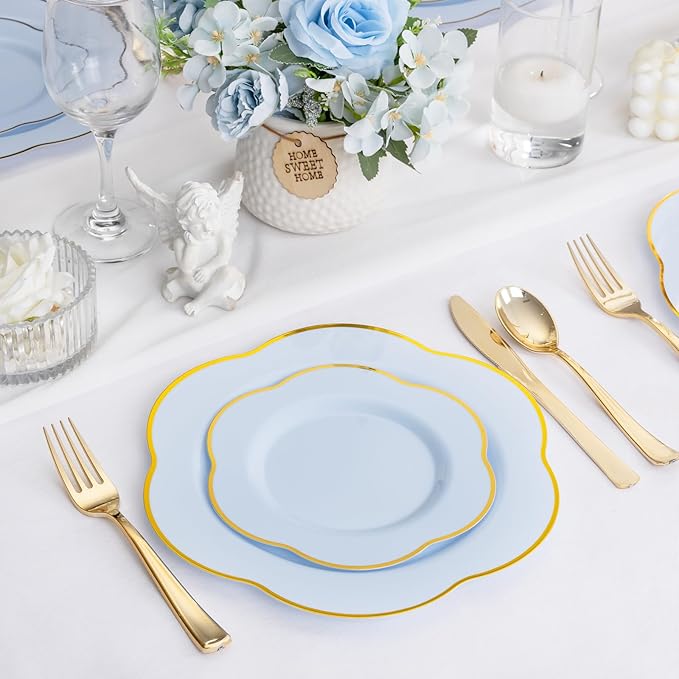 Liacere 50PCS Blue Plastic Plates - Heavy Duty Ice Blue Disposable Plates - Blue and Gold Plastic Plates Include 25PCS Blue Dinner Plates, 25PCS Blue Dessert Plates for Baby Shower Gifts