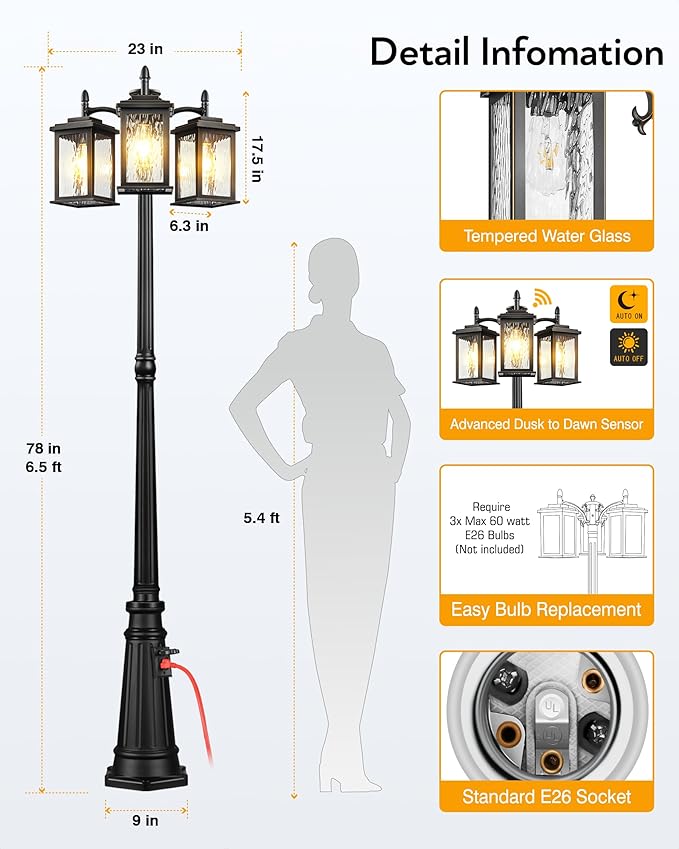 VIANIS Outdoor Lamp Post Light with Outlet, Waterproof Dusk to Dawn Lamp Posts Outdoor Lighting 3-Head, Anti-Rust Black Street Light for Garden, House, Doorway, Weather Resistant