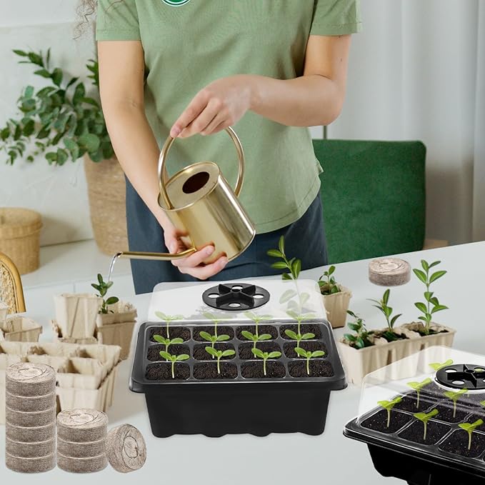 Halatool Seed Starter Kit 8 Pack 96 Cells Black Seed Starter Tray with 100 PCS Peat Pellets for Seedlings Organic Seed Stater Soil Pods for Planting Vegetables Plant, Flowers