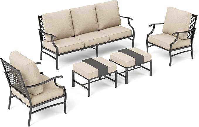 Patio Furniture Set, Modern Metal Outdoor Patio Furniture, 3 Seater Sofa, 2 Fixed Chairs, 2 Ottomans and 5.75" Extra Thick Cushion, Patio Conversation Set for Garden Backyard Deck