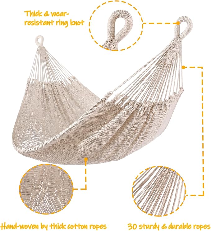 ZEAN Handwoven Hammock by Thick Cotton Rope XXL Two Person Hammock for Outside, Patio Backyard Garden 550LB Capacity