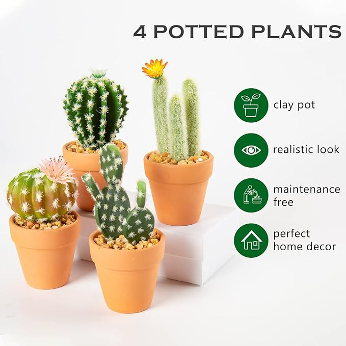 Mini Artificial Cactus Plants in Terracotta Pots 4 Pcs Potted Faux Succulents in Pots Fake Potted Plants Cactus Decor Small Artificial Plants for Home Decor Indoor Office Desk Tabletop Shelf
