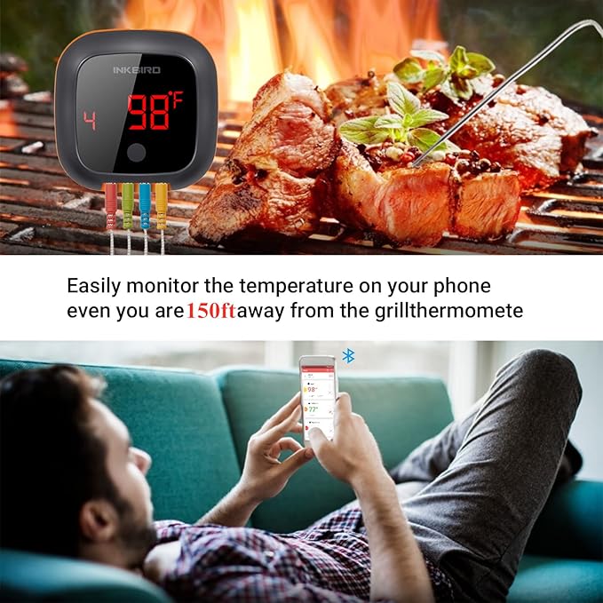 Inkbird Bluetooth Grill BBQ Meat Thermometer with 4 Probes Digital Wireless Grill Thermometer, Timer, Alarm,150 ft Barbecue Cooking Kitchen Food Meat Thermometer for Smoker, Oven, Drum