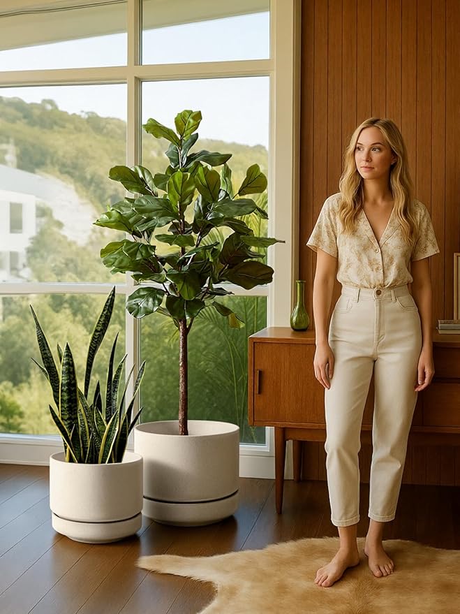 LE TAUCI 12 Inch Pots for Plants with Saucer | Ceramic Outdoor & Indoor Planter Pot for Plants | Drainage Hole, Mesh Pad & Plug | Unglazed Porous | Modern for Home, Office and Patio – Speckled Oat