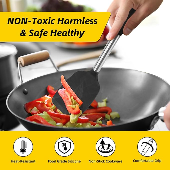 4 Pack Silicone Utensils Set, Non Stick Solid Spatulas, Heat Resistant Blue Slotted Spoons with Stainless Steel Handle, BPA Free Cooking Turner for Stir-Fry, Frying, Mixing, Serving,Draining,Turning