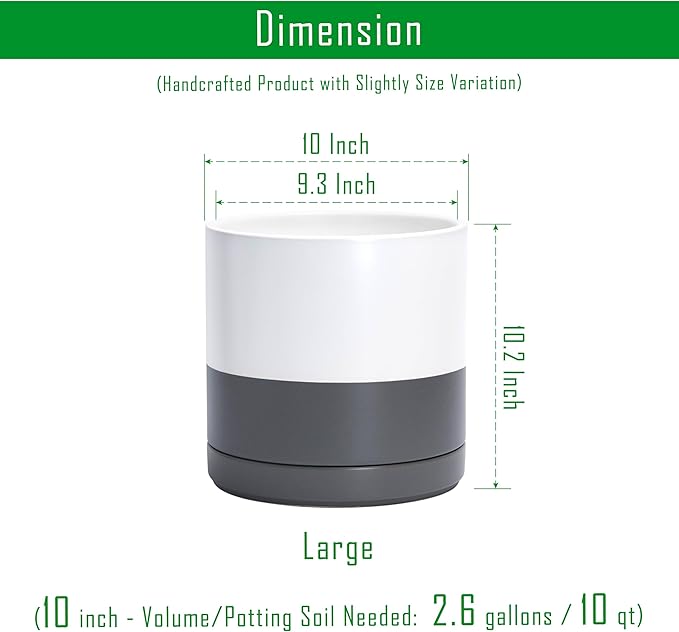 D'vine Dev 10 Inch Ceramic Planter Pot with Drainage Hole and Saucer, Indoor Cylinder Round Planter Pot, White/Speckled Grey, 94-O-E-6