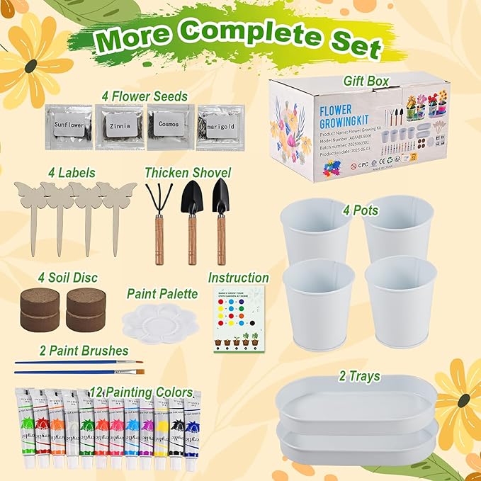 4 Pcs Kids Plant Growing Kit | Kids Gardening Set Crafts for Girls 8-12 | Kid Crafts Ages 4-8, Flower Making Art Kit for Kid 6-9, Plant Growing Set with 4 Zinc Pots, 12 Colors 9ml Paints Girl Gift