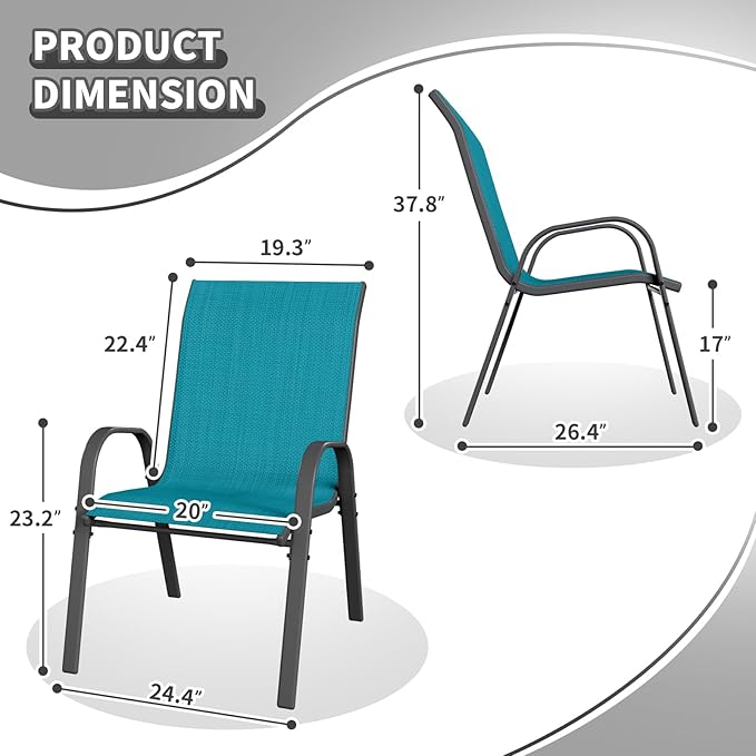 Patio Dining Chairs Set of 6, Stackable Dining Chairs High Back, Breathable Seat Fabric and Alloy Steel Frame Fit Backyard, Porch, Lawn，Poolside (Sky Blue)
