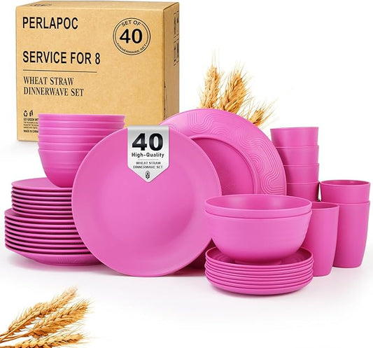 Wheat Straw Dinnerware Set 40 PCS | Service for 8 | Unbreakable Plates and Bowls Sets Plastic Reusable Dishes Sets Dinner Plates, Cereal Bowls, Water Cups Kitchen Set for Home RV- Pink