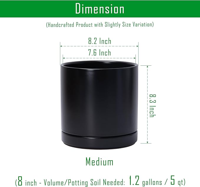 D'vine Dev Set of 2 Plants Pots, 8.2 Inch Ceramic Planter Pot for Plants with Drainage Hole and Saucer, Black, 94-V-D-2