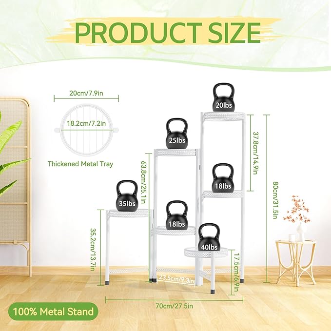 iDavosic.ly Plant Stand Indoor Outdoor, 6 Tier Corner Metal Flower Display Holder Shelf, Folding Tall Orchid Rack for Patio Balcony Porch Garden Living Room House, Wrought Iron - White