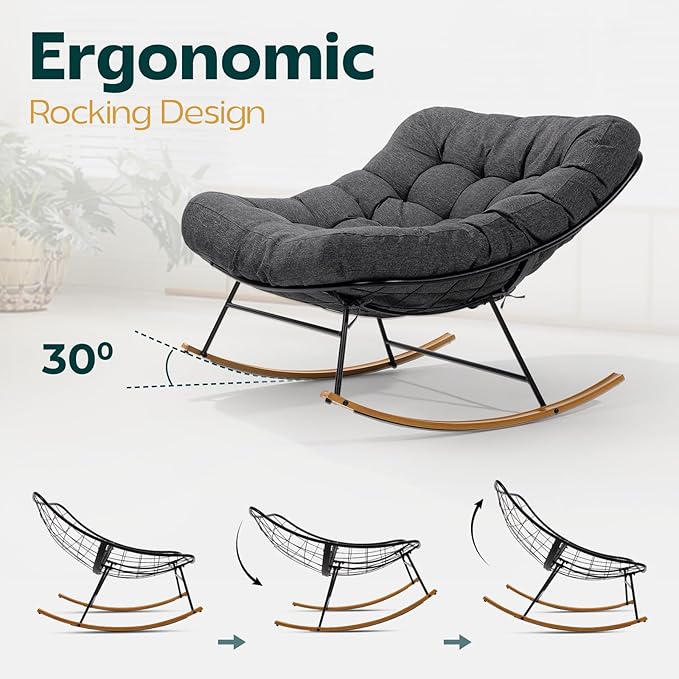 Bme Patio Rocking Chair Outdoor & Indoor, Metal Patio Lounge Rocking Chair with Thick Cushion, Comfy Modern Rocker Chair for Living Room, Porch, Backyard, Grey Cushion - Wood Texture Rocker