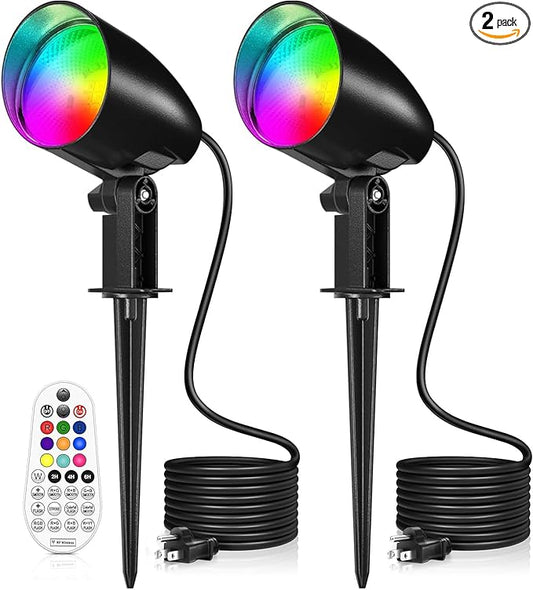 20W RGBW Landscape Lighting Color Changing Outdoor Spotlight with Remote Control 1880LM IP66 Waterproof LED Spot Lights for Christmas Halloween Decorative Garden Pathway 120V US Plug 2 Pack