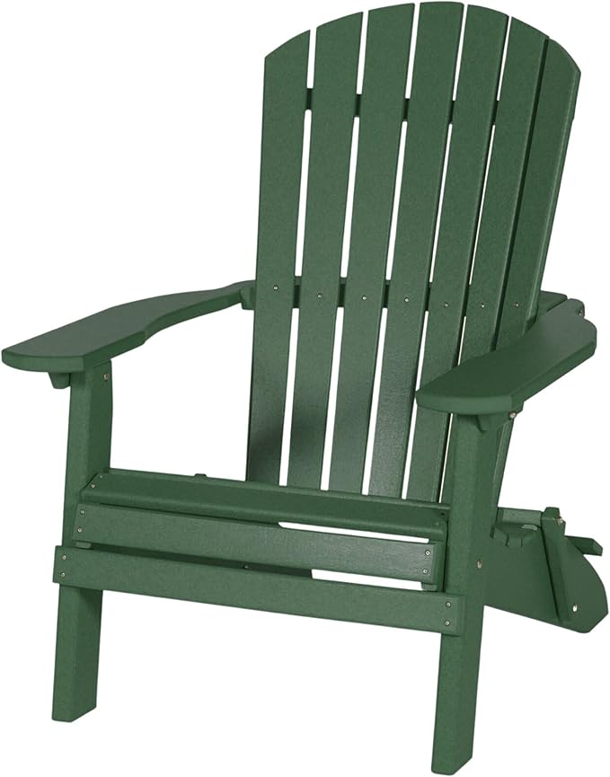 DutchCrafters Adirondack Folding Chair with Arms, Handcrafted from Recycled Plastic Poly Lumber, Portable and Easy Storage for Outdoor Patio, Lawn, Garden, Camping Outdoor Furniture (Green)