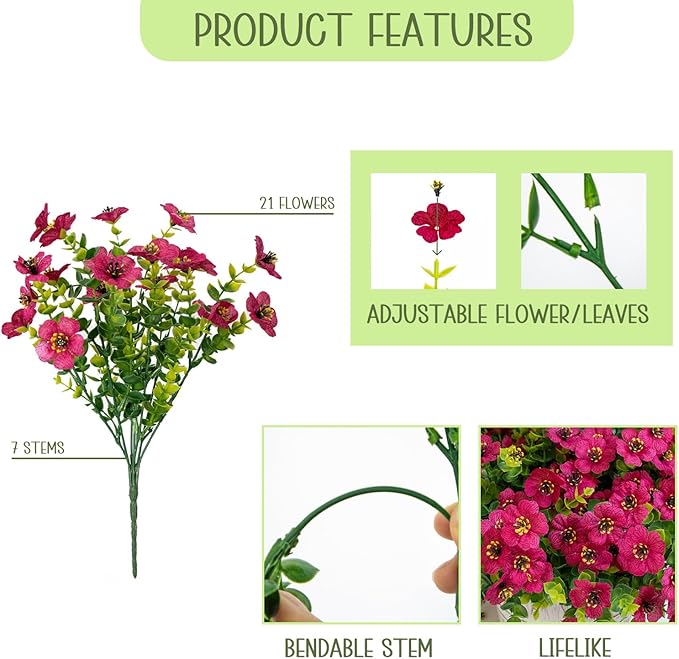 Artificial Flowers for Outdoors, 10 Bundles UV Resistant Artificial Outdoor Flowers, Not-Fading Silk Faux Flowers for Outdoor Planters for Home Garden Porch Decor, Rose Red