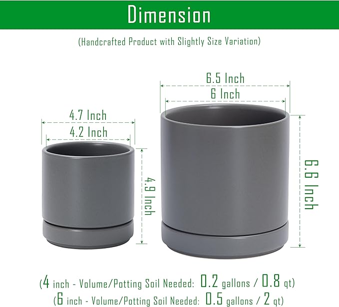 D'vine Dev 4.7 Inch & 6.5 Inch Ceramic Planter Pots for Plants with Drainage Hole and Saucer, Small Plant Pots Set, Speckled Grey, 94-G-S-3