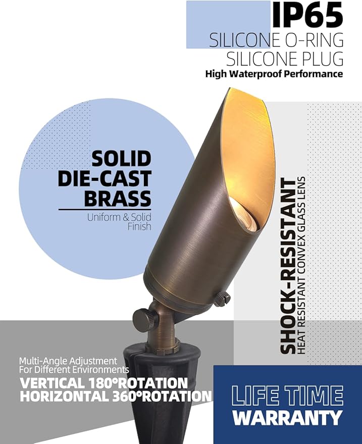 MALORY Brass Landscape Spotlight 6-Pack with 5W LED MR16 Bulb Kit(S03), 12V AC/DC Low Voltage Outdoor Landscape Lighting Shroud Adjustable,Ground Stake and Wire Connector Included,2700K Warm White