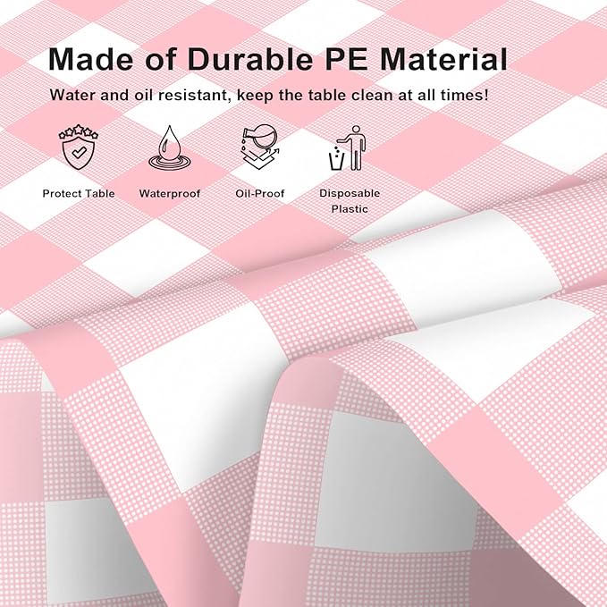 12 Pack Pink and White Checkered Tablecloth, Pink Plastic Table Cloths for Parties Disposable, 54x108 in Waterproof Rectangular Pink Gingham Camping Tablecloth for Birthday, Party, Baby Shower