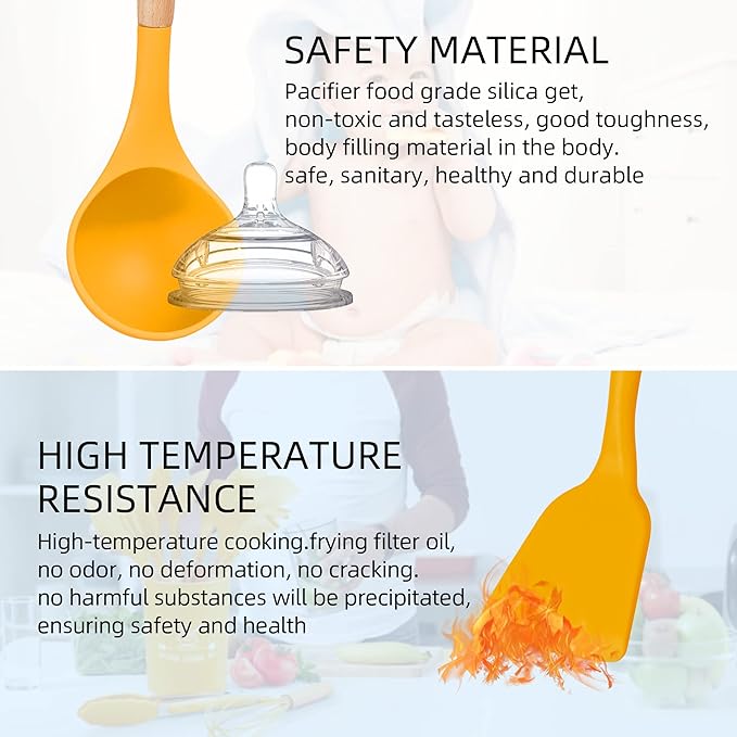 Silicone Cooking Utensils, 12 Pcs Kitchen Utensil Set 446°F Heat Resistant,Turner Tongs Spatula Spoon Brush Whisk with Wooden Handles, Blue Kitchen Gadgets Tools Set for Nonstick Cookware (BPA Free)