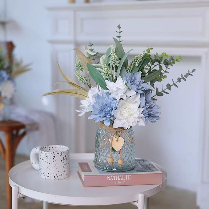 Faux Flowers with Vase,Artificial Silk Flowers in Vase, Fake Plant Eucalyptus and Willow,Flower Arrangement for Home Farmhouse Dining Table Centerpiece Decorations Coffee Table Decor (Dusty Blue)