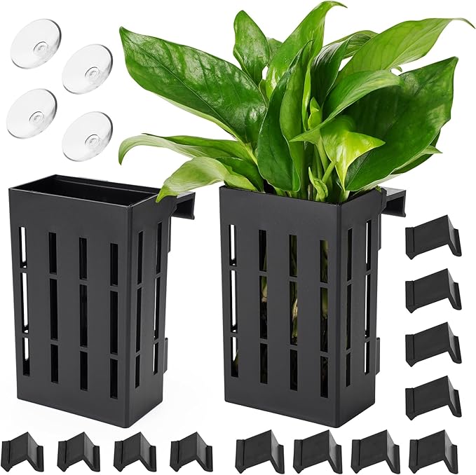 Upgraded Large Aquarium Plant Holder with Hooks and Suction Cups for Fish Tank Aquaponic Plant Cultivation and Aquascape Decorations (Black)