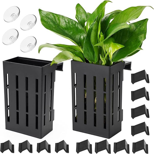 Upgraded Large Aquarium Plant Holder with Hooks and Suction Cups for Fish Tank Aquaponic Plant Cultivation and Aquascape Decorations (Black)
