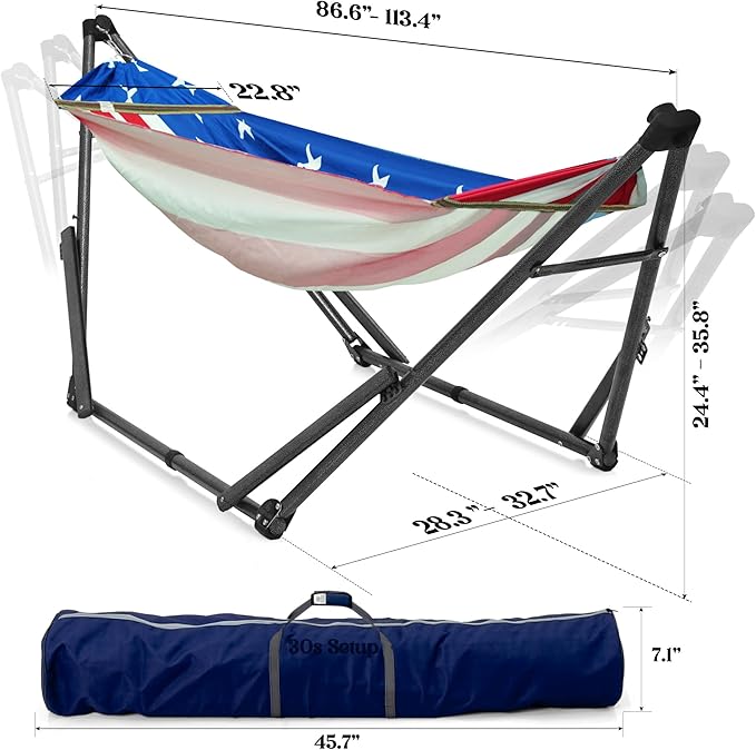Tranquillo Uniki Adjustable Hammock with Stand for Indoor and Outdoor, Portable Camping Hammock Frame, 550 lbs Capacity, Collapsible and Durable, American Flag