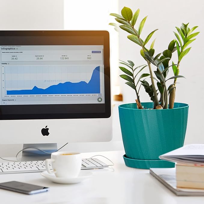 7 Inch Plant Pots Bulk, 6 Pack Plastic Planters with Drainage Holes and Saucers for Indoor Outdoor House Plants and Flowers, Green