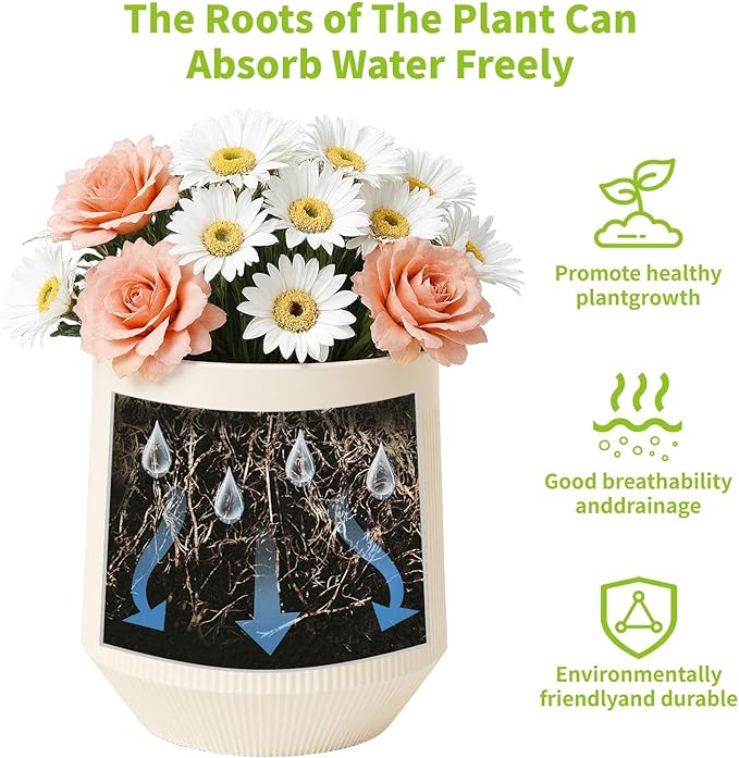 Plant Pots，Set of 3 Plastic Pots for Indoor Plants,Flower Pots Outdoor Planters with Drainage Hole and Seamless Saucer,Milky-Yellow