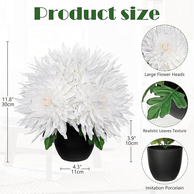 Hollyone Artificial Mums Flowers in Vase Faux Chrysanthemum Silk Flower Potted Plant Fake Plants & Flowers with Pot Floral Arrangements Bouquets Pincushion Spider Mum Flower Home Decor White