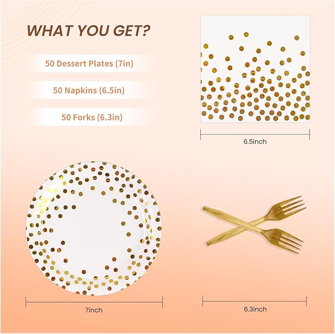 150PCS Paper Plates and Napkins Set - White and Gold Dot Disposable Party Dinnerware Includes Paper Plates, Napkins, Forks Decorations for Birthdays, Graduations, Weddings and Holidays, Serves 50