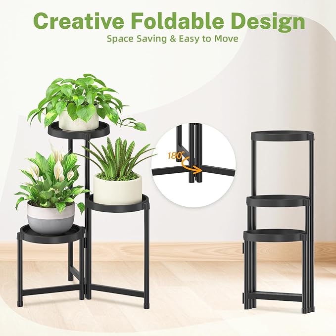iDavosic.ly 3 Tier Folding Plant Stand Indoor Outdoor with Plastic Tray, Tiered Corner Flower Holder Shelf, Metal Orchid Display Rack for Patio Porch Living Room Garden Balcony, Modern Black