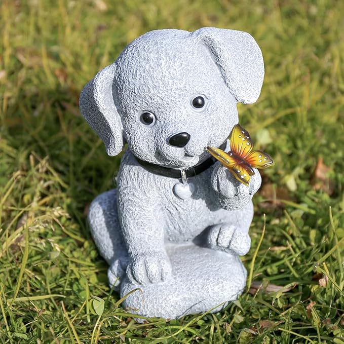 Solar Dog Statue with Butterfly Lantern - Outdoor Garden Decor with LED Lights for Patio, Yard, Balcony - Waterproof Cute Dog Sculpture, Ideal Housewarming Gardening Gifts for Women, Mom, Grandma