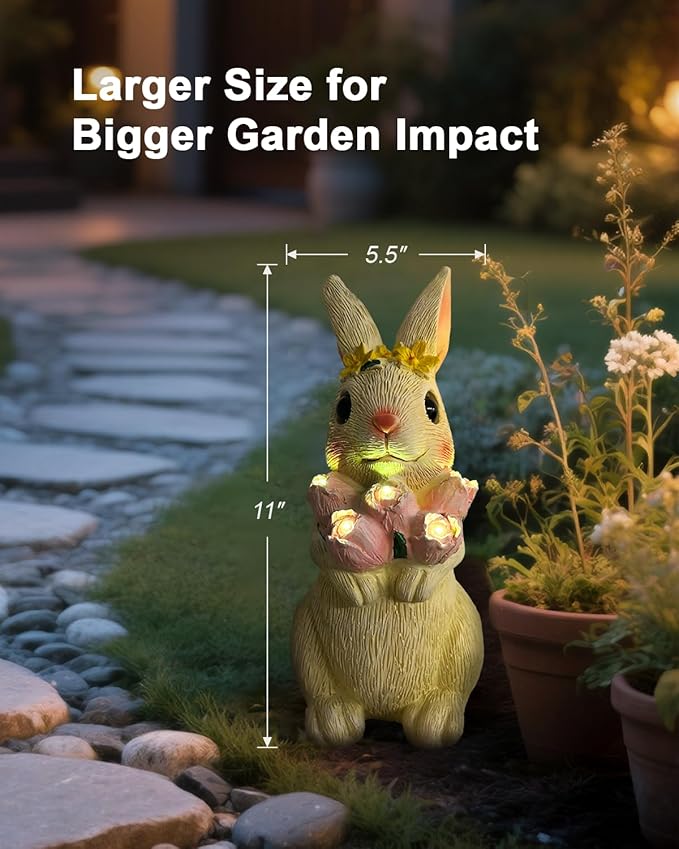 Solar Bunny Garden Light Outdoor Statue – Waterproof Rabbit Figurine with 5 Tulip LED Lights, Auto On/Off Bunny Garden Decor for Patio, Balcony, Lawn, Yard Decorations, Birthday Gifts for Women