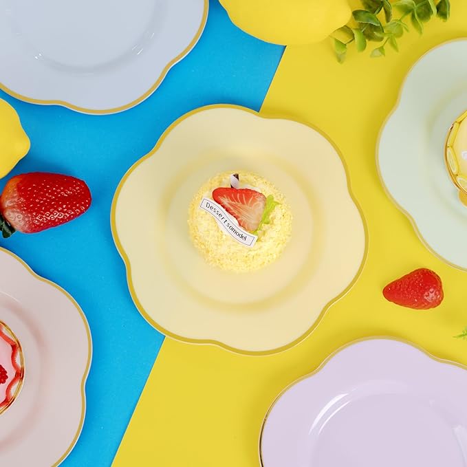 Liacere 50PCS Yellow Plastic Plates - Heavy Duty Disposable -Yellow and Gold Include 25PCS 7inch and 25PCS 10inch Plates for Mother's Day & Baby Shower