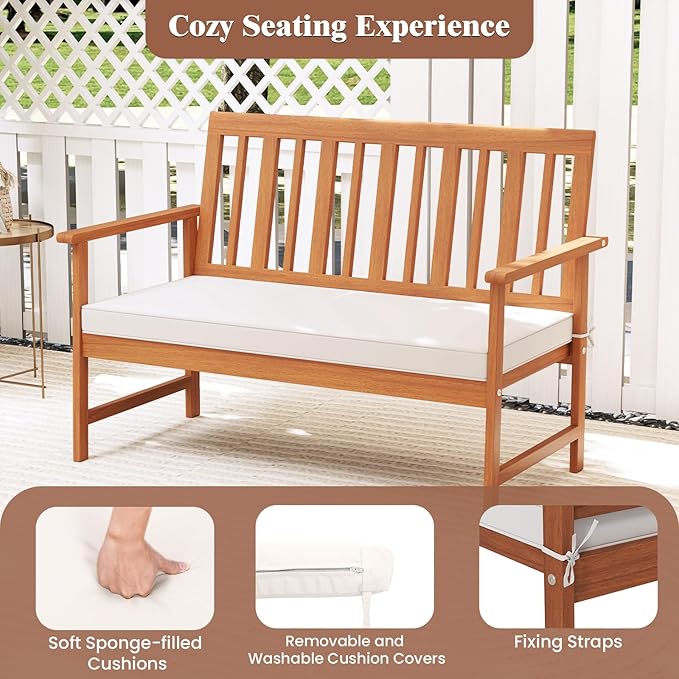 Tangkula 4-Piece Acacia Wood Patio Conversation Set, Outdoor Furniture Set with 2 Armchairs, Loveseat, Coffee Table, Soft Cushions, Slatted Sofa and Chairs Set for Deck, Backyard (Off White,1)