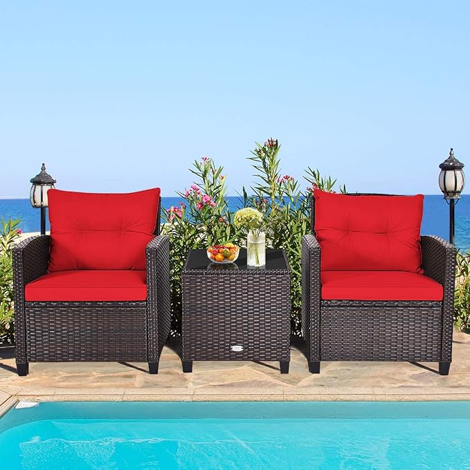 HAPPYGRILL 3 Pieces Patio Conversation Set, Outdoor Furniture Set PE Rattan Sofa Set with Removable Cushions, PE Wicker Chairs with Tempered Glass Side Table for Porch Lawn Garden Balcony Backyard