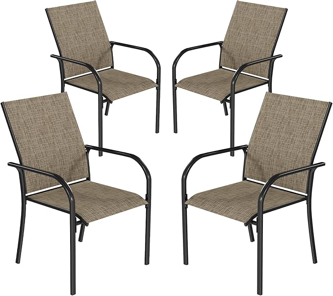 AECOJOY Patio Dining Chairs Set for 4, Stackable Textilene Patio Chairs with Armrests and Metal Frame, Outdoor Furniture Set for All Weather, Backyare, Deck and Garden, Brown