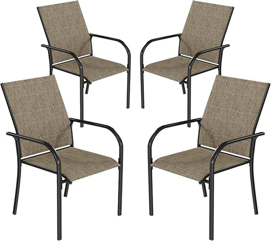 AECOJOY Patio Dining Chairs Set for 4, Stackable Textilene Patio Chairs with Armrests and Metal Frame, Outdoor Furniture Set for All Weather, Backyare, Deck and Garden, Brown