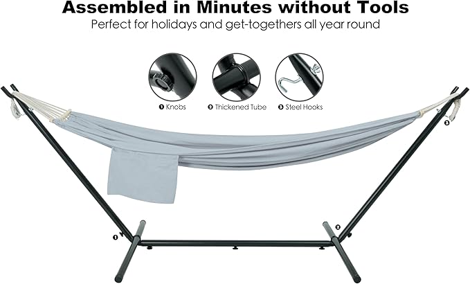 Double Hammock with Stand for Outside, Upgraded Spreader Bar, Heavy Duty Space Saving Steel Stand 2 Person, Side Pockets, Easy Assembly, 600lbs Weight Capacity, Indoor & Outdoor (Light Grey)