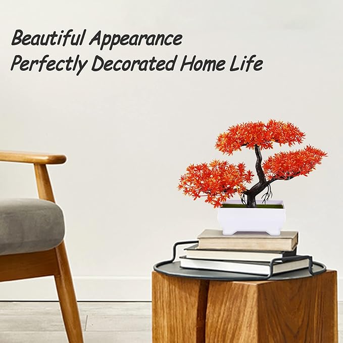 Mini Artificial Bonsai Tree Plants with Plastic Cement Pots for Home Office Décor (Orange)